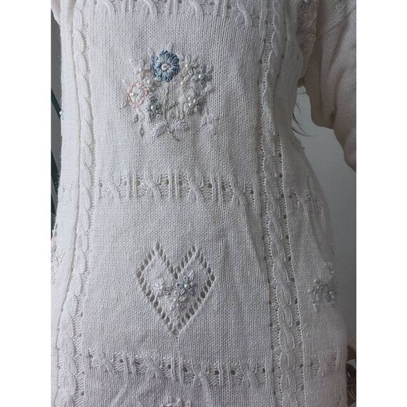 Vintage Cottagecore Sweater Dress Mini Hearts Flowers Embroidered 80s 90s Spring - Picture 6 of 8